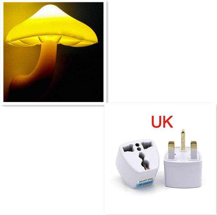 LED Night Light mushroom-shaped, warm yellow glow with UK adapter plug backdrop.